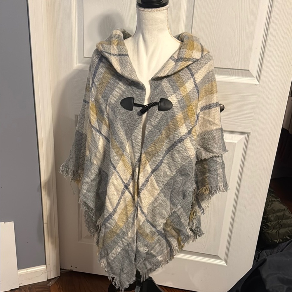 Plaid Hooded Poncho with Toggle Closure